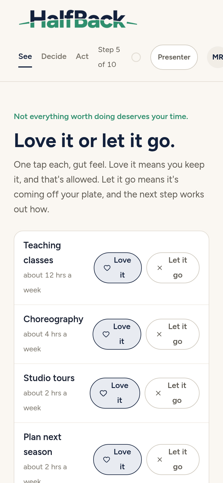 HalfBack app on a phone: choosing which tasks to keep or let go